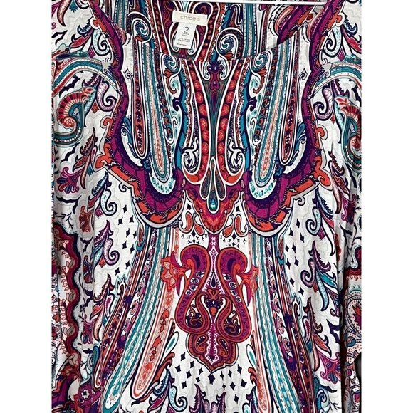 Chicos Top Women L Pink Floral Pullover Paisley Tie Waist Summer Feminine Retro - Picture 3 of 14